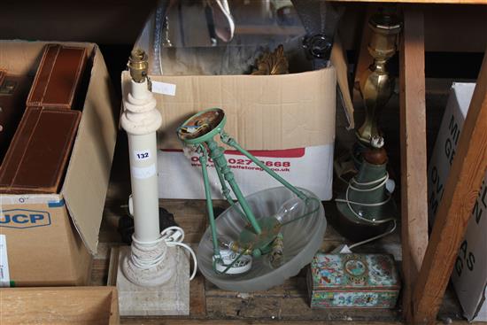 Quantity of table lamps, Chinese box, two small gilt mirrors, etc